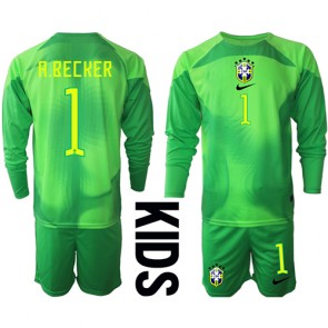 Lacne Dětský Futbalové dres Brazília Alisson Becker #1 Brankarsky  MS 2022 Dlhy Rukáv - Preč (+ trenírky)